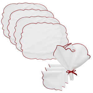 Juego de Té Decotique Gia con 4 Manteles Individuales y 4 Servilletas, Blanco/ Borgoña
