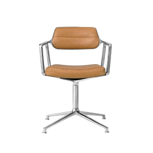 Silla giratoria Vipp 453 con deslizadores de suelo, Aluminio, camel y cuero