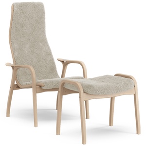 Sillón Lamino Sueco con Reposapiés Alto Lacado en Haya, Roble, Claro de Luna y Piel de Oveja